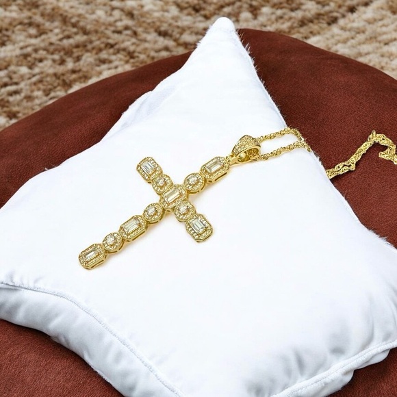 Elegant Gold Over Sterling CZ Cross Pendant Necklace - Picture 4 of 15